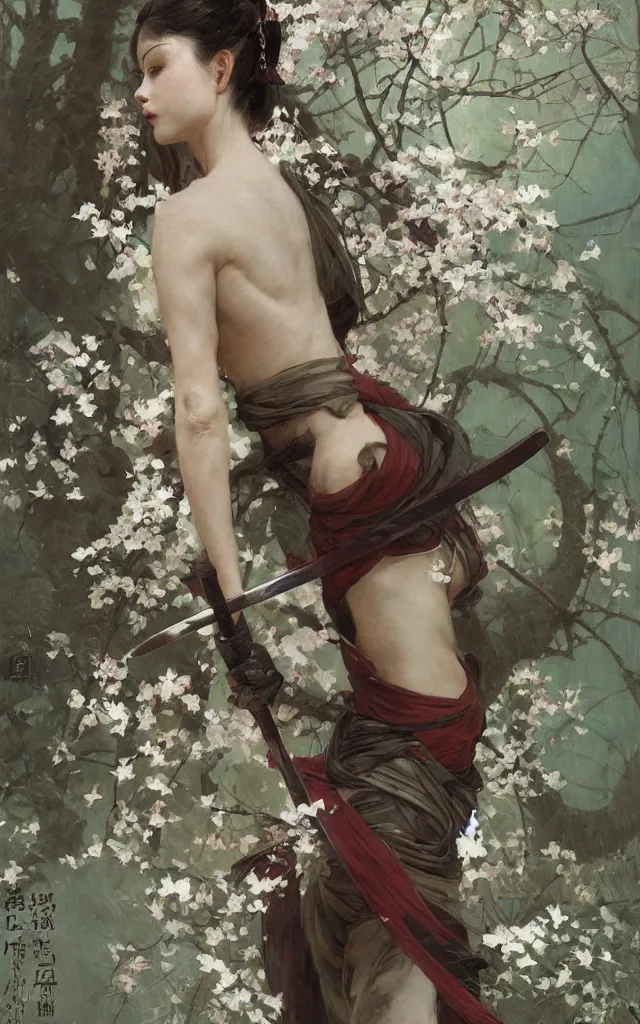 Prompt: modern elegant female ninja samurai, with large sword, feminine, powerful, beautiful, upper body, muscular arms and abdominals, wide leg hakama trousers, highly detailed, sakura tree petals, by gaston bussiere, mucha, gerome, craig mullins, greg rutkowski,