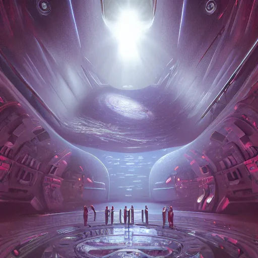 Prompt: Halls of Space(Shadow of the Plasma Reach) by Ben Wanat; The Halls of space is a mystery place full of recursive paths that lead to objects and objects that lead to paths; masterpiece in visual clarity; world’s greatest fantasy painting and 3d surreal environment; cinema quality