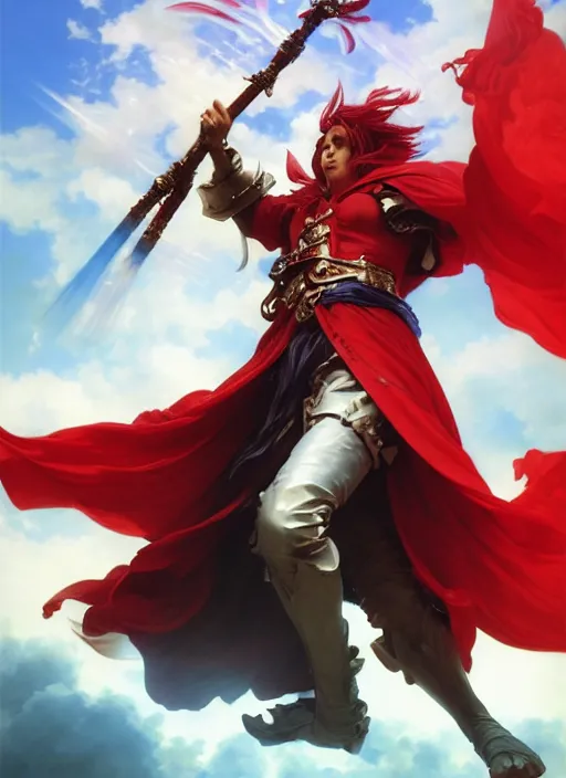 Prompt: A boisterous Red Mage wearing striped shining armor holding a staff of power surrounded by an epic cloudscape. The Magus Omega . Red Wizard. Morpheus. masterpiece. 4k digital illustration. by Ruan Jia and Artgerm and Andreas Rocha and William-Adolphe Bouguereau and Edmund Blair Leighton. award winning, Artstation, intricate details, realistic, Hyperdetailed, 8k resolution. Concept Painting. Key Art