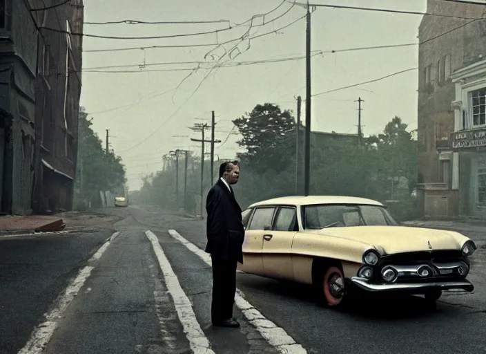 Image similar to a man standing next to a car on a city street, an album cover by Gregory Crewdson, featured on cg society, american realism, movie still, movie poster, criterion collection