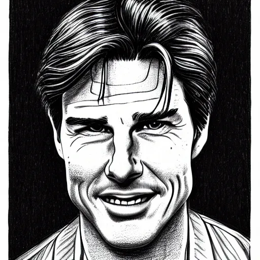 Image similar to a portrait drawing of Tom Cruise drawn by Robert Crumb