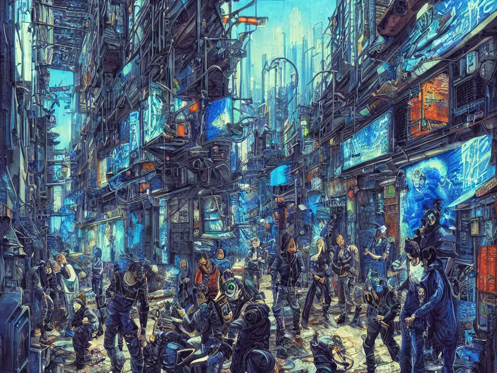 Prompt: a cyberpunk gang in the alleyway between buildings, graffiti, fine detail, intricate, polished, smooth, ultradetailed, blue color scheme, digital art, illustration, impressionist, by john smith and noriyoshi ohrai