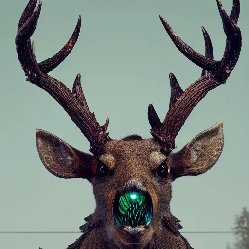 Prompt: close up front view of a demonic mutand deer with compound eyes, intricate artwork by tooth wu and wlop and beeple. glossy octane render, trending on artstation, greg rutkowski very coherent symmetrical artwork. cinematic, hyper realism, high detail, octane render