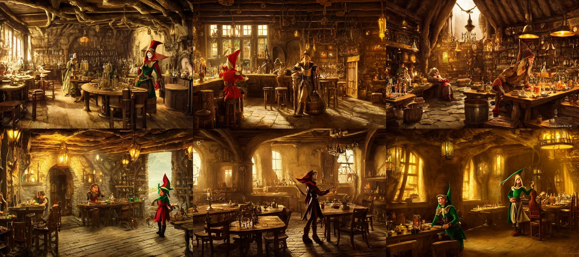 Prompt: an elf in a tavern that looks like it's from lord of the rings and bazaar by raphael lacoste, ultrawide angle, f 1 6, golden ratio, f 3 2, well composed, cohesive