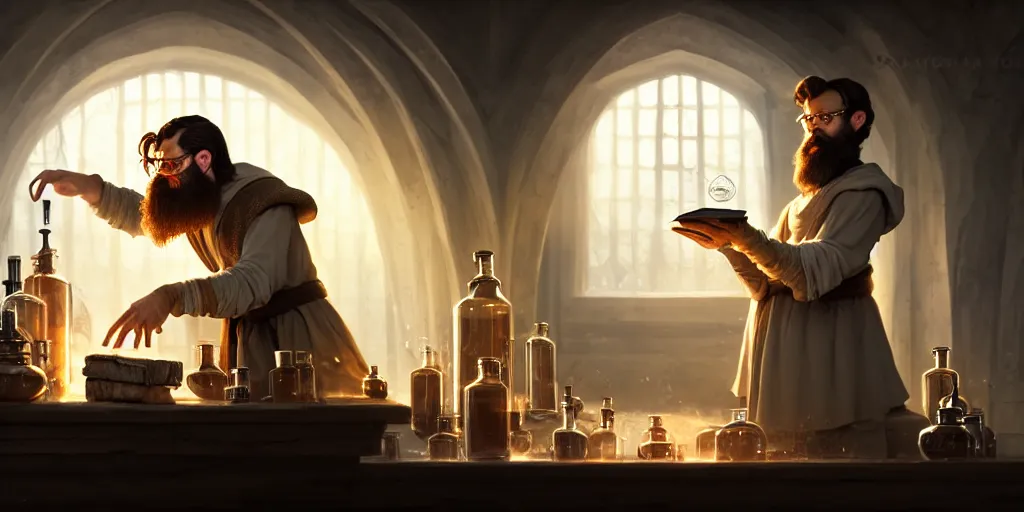 Prompt: a handsome bearded caucasian male sorcerer with brown hair, he is in a alchemist lab filled with beakers and equipment, he is casting a spell from a open book with magic filling the frame, neutral pose, epic composition, 4 k, light rays, super coherent, by dave melvin and greg rutkowski