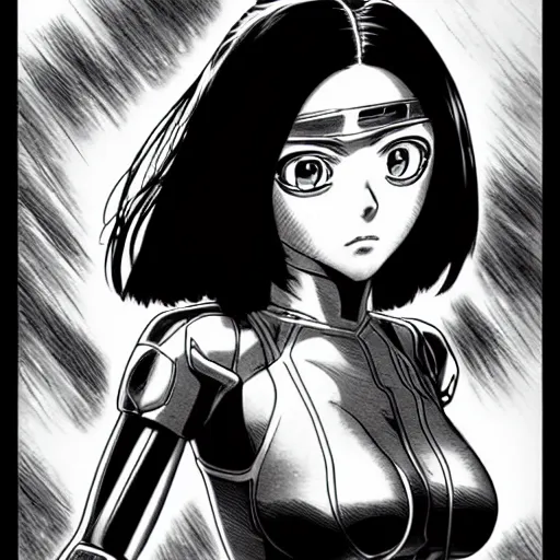 Image similar to alita by yukito kishiro. medium shot. black and white manga. pencil drawing.