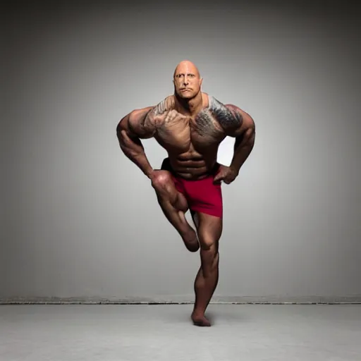 Image similar to Full-Body Portrait of Dwayne Johnson malnourished in front of a Ballet mirror, 4K quality, super-realistic