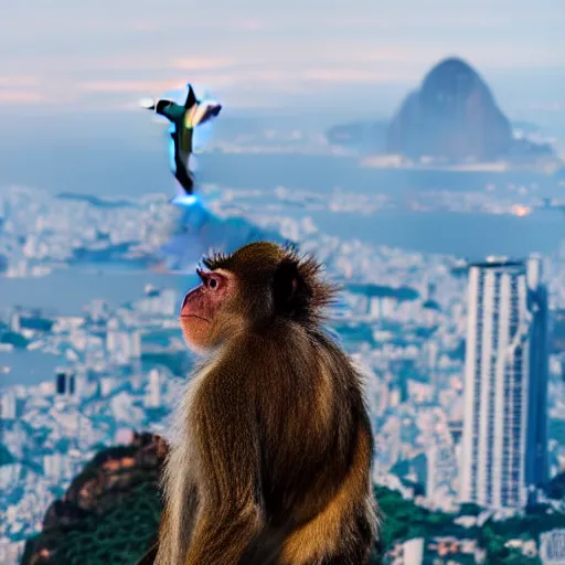 Image similar to high quality portrait of a monkey in front of Christ The Redeemer, studio photograph, photograph, realistic photo, 8k photo, 4k photo, stock photo, high resolution, cinematic shot, high detail