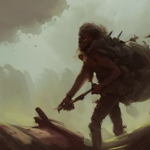 Prompt: a warrior returning from battle, destroyed forest, digital art, expressive oil painting, sadness, by Jordan Grimmer, by Annie Leibowitz, by Mike Mignola, matte art