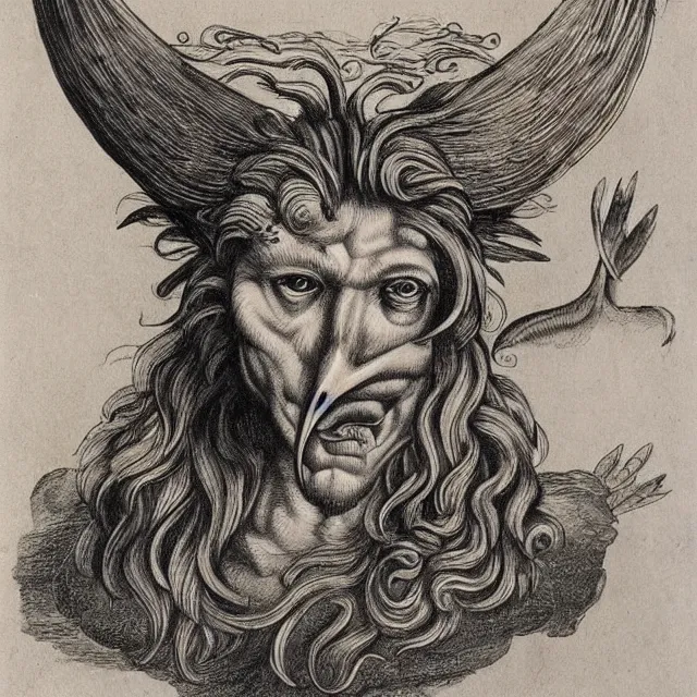 Image similar to human / eagle / lion / ox hybrid with two horns, one beak, mane and human body. drawn by da vinci