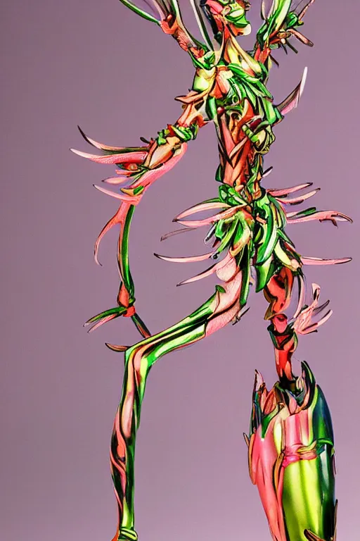 Prompt: a slim intricate super detailed anime character with fluo color detail, and muted arm colors, that looks like a insect, on top of a painting of plastic synthetic ionized metal flower sculptures