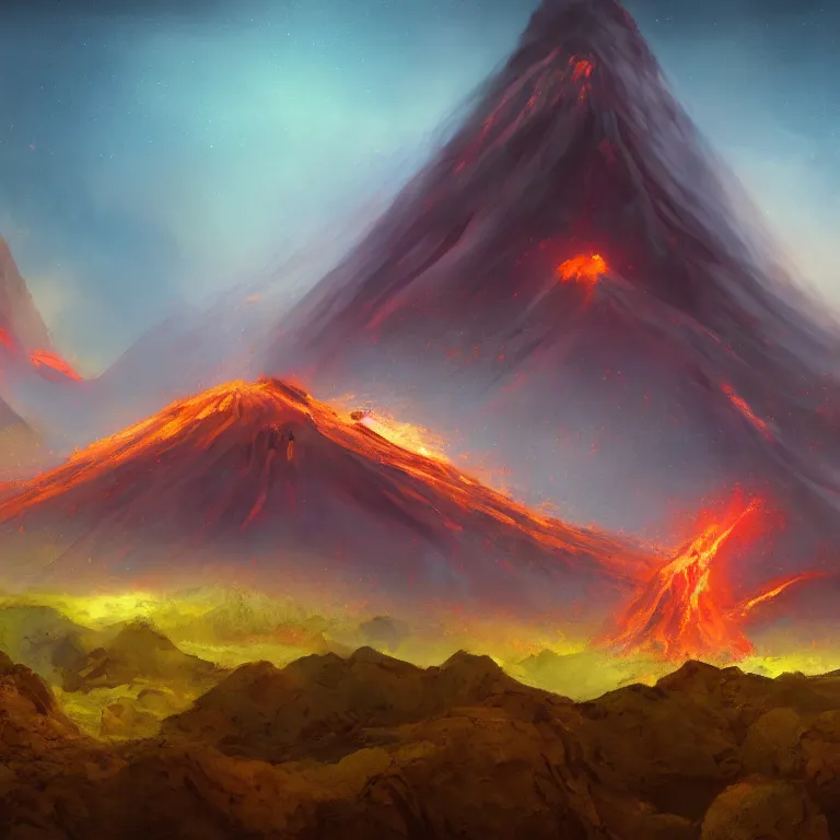 Image similar to a painting of a volcano from which come out flowers and stars exotic plants, all this happens in some kind of fantasy world, almost like in the sky or all in the amazing outdoors view, long exposure, 8 k resolution, trending on artstation