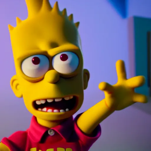 Image similar to film still of Bart Simpson in Monster Inc from Pixar, uncropped, centered, octane render, volumetric, raytracing, trending on artstation