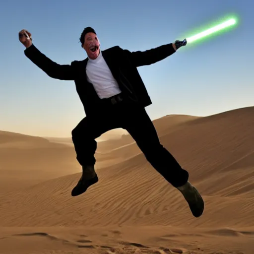 Prompt: Determined man jumping through the air with a lightsaber to attack a screaming donkey