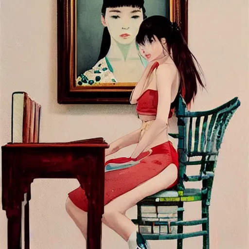 Image similar to painting by wlop, conrad roset, coby whitmore, and chie yoshii. of a pretty cute japanese beauty sitting on antique chair leaning against a desk, sideview, victorian room