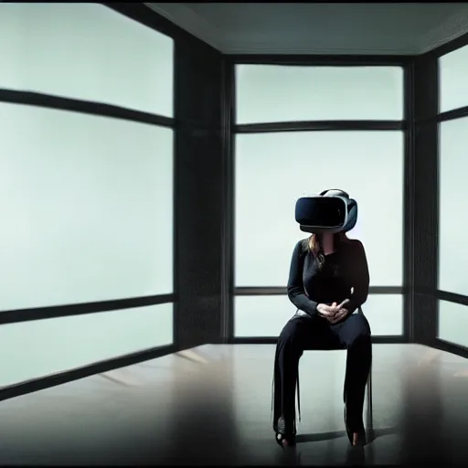 Prompt: photo of a woman in vr headset sitting in cyberpunk room behind the window, by annie leibovitz