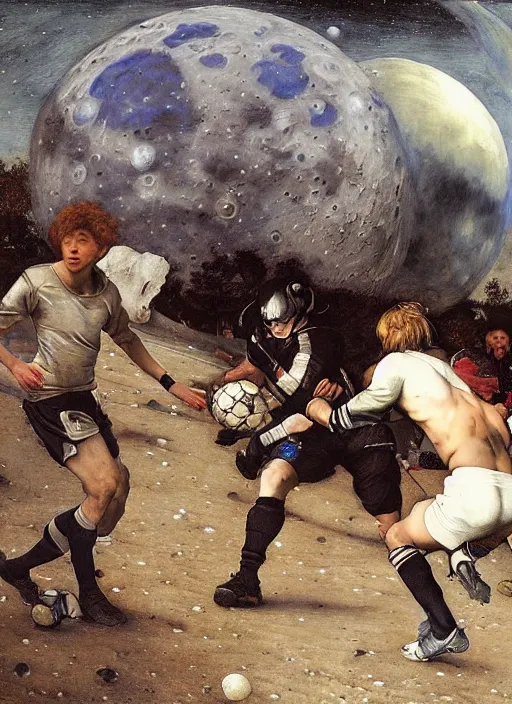 Image similar to a soccer match on the moon by edgar maxence and caravaggio and michael whelan and delacroix style, artistic, intricate painting, cinematic lighting, hyper realistic, extremely detailed, establishing shot, 8 k resolution, dramatic lighting