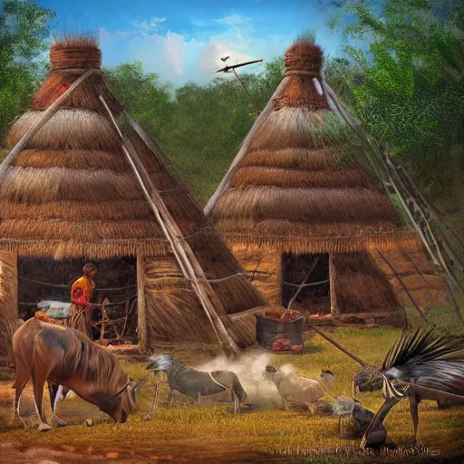 Image similar to digital painting highly detailed photo of a native indian village after a successful buffalo hunt