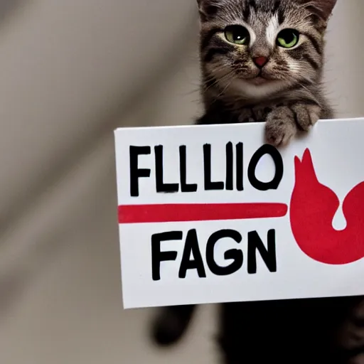 Prompt: realistic high quality photo of a cute cat holding a sign with text that reads : falconi, falcon