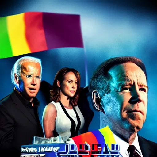 Image similar to movie poster with Alex Jones and Joe Biden hiding from a giant frog carrying a pride flag