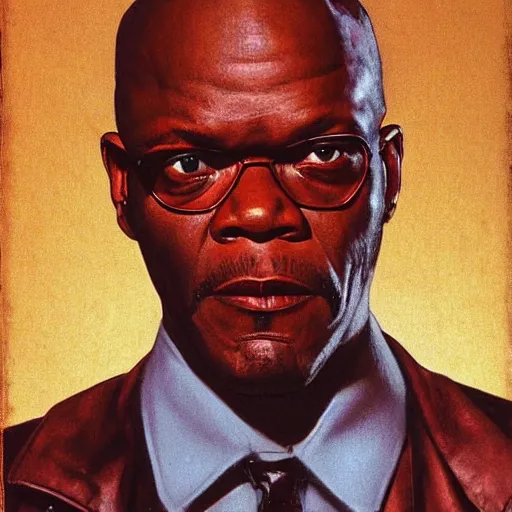 Prompt: Frontal portrait of Samuel L. Jackson from Pulp Fiction. A portrait by Norman Rockwell.