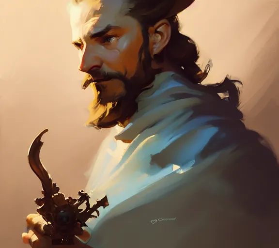 Image similar to greg manchess portrait painting of bard, d & d, fantasy, medium shot, asymmetrical, intricate, elegant, matte painting, illustration, hearthstone, by greg rutkowski, by greg tocchini, by james gilleard, by joe fenton, dynamic lighting, gradient light blue, brown, blonde cream and white color scheme, grunge aesthetic