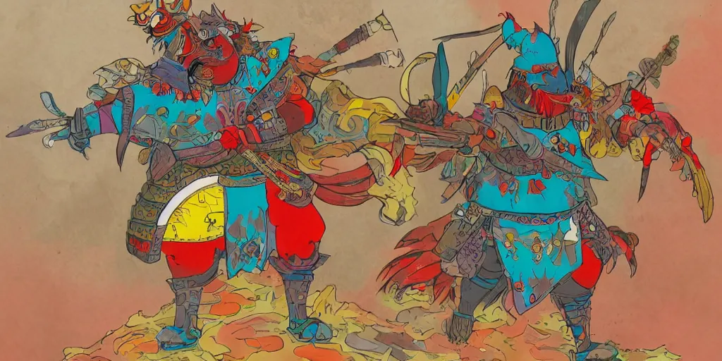 Prompt: colorful illustration of a bloodied pompous armoured warrior roosters, mix of styles, studio ghibli color scheme