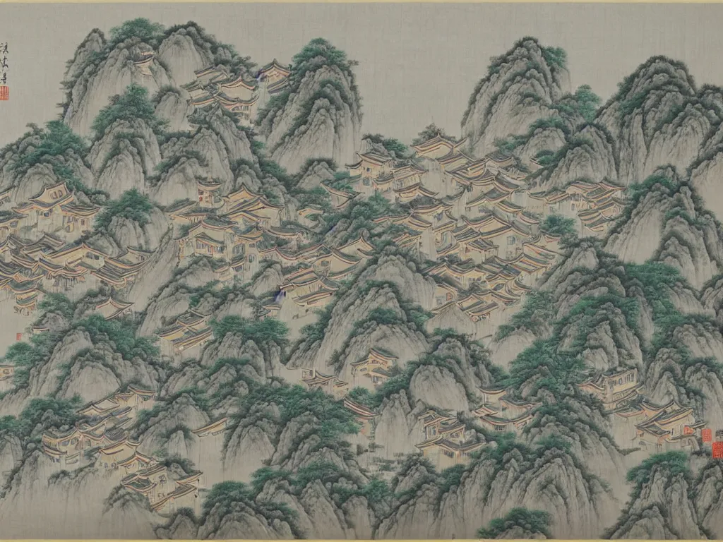 Prompt: traditional chinese painting of a town by huang gongwang