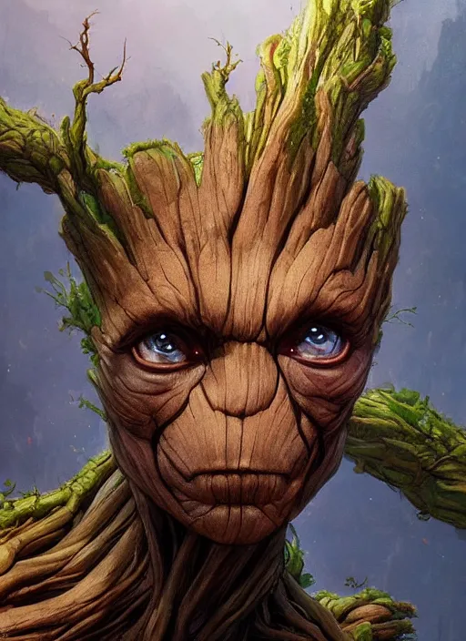 Prompt: wideshot, Portrait of Groot, marvel comics, dark, intricate, highly detailed, smooth, artstation, digital illustration by Ruan Jia and Mandy Jurgens and Artgerm and Wayne Barlowe and Greg Rutkowski and Frank Frazetta