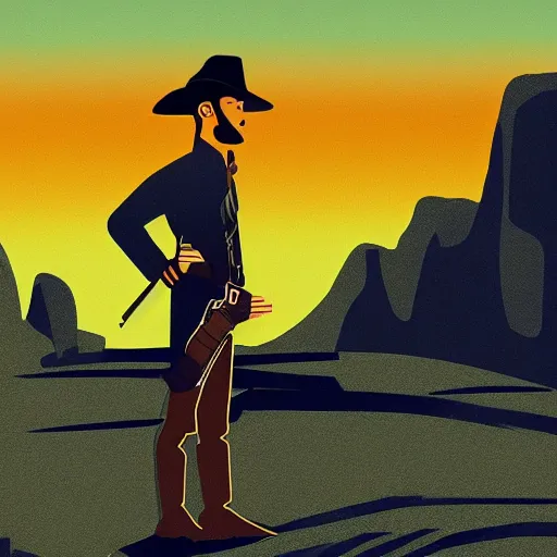 Prompt: digital illustration cowboy on the range, beautiful New Mexico landscape, Art Deco, dark deco, animated series, by Eric Radomski