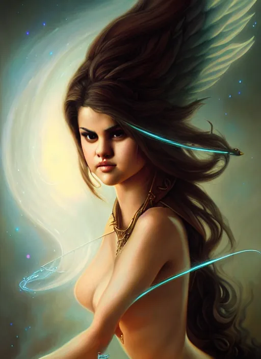 Prompt: fineart portrait illustration of selena gomez as a sorceress by peter mohrbacher, hyper detailed, crisp