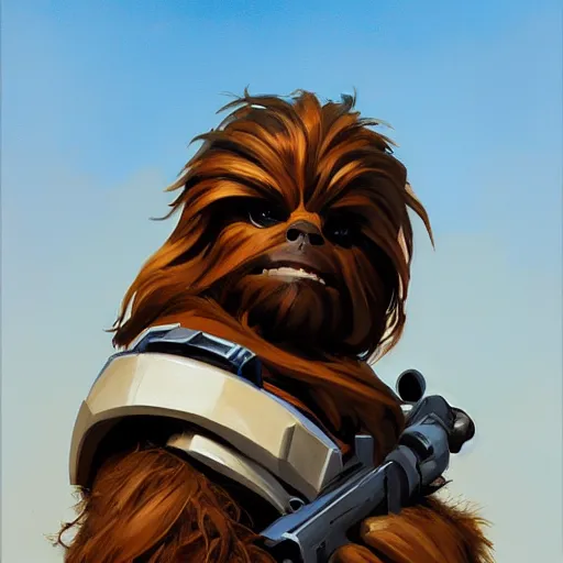 Image similar to greg manchess portrait painting of chewbacca as overwatch character, medium shot, asymmetrical, profile picture, organic painting, sunny day, matte painting, bold shapes, hard edges, street art, trending on artstation, by huang guangjian and gil elvgren and sachin teng