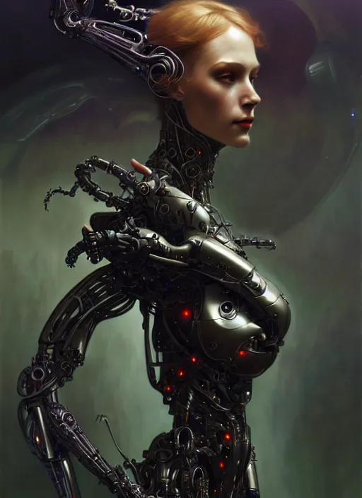 Image similar to organic cyborg, black plastic, diffuse lighting, fantasy, intricate, elegant, highly detailed, lifelike, photorealistic, digital painting, artstation, illustration, concept art, smooth, sharp focus, art by John Collier and Albert Aublet and Krenz Cushart and Artem Demura and Alphonse Mucha