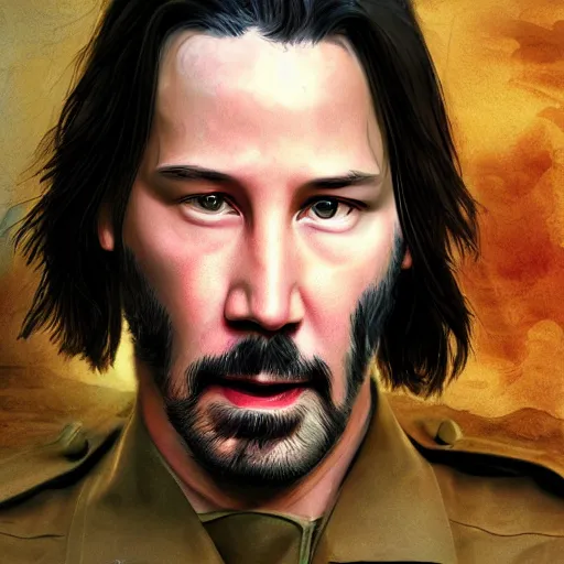 Prompt: keanu reeves as a soldier , digital art , trending on artstation , Matte painting ,Hyperdetailed , CGSociety