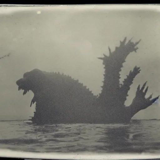 Image similar to tintype photo, underwater, Bigfoot fighting Godzilla