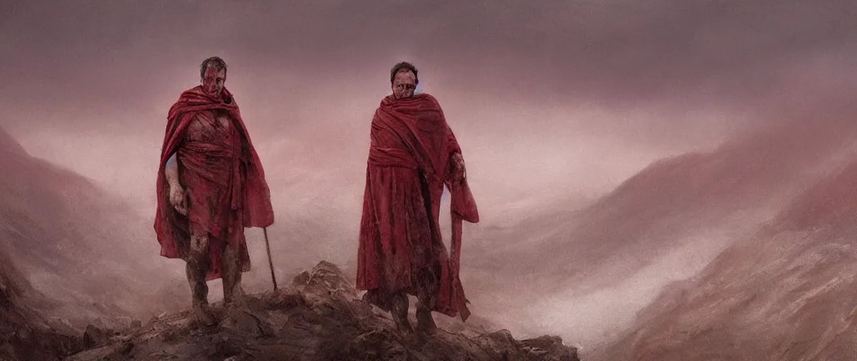 Prompt: the end is near. a tired and exhausted julius caesar somewhere in the atlas mountains. face is highly detailed. splices of red are running down his toga. mist. the soil is red. strong winds. dramatic sky. low angle wide shot. atmospheric. global illumination. concept art. imagined by jeremy lipking, greg rutkowski and eddie mendoza.