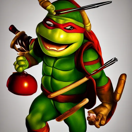 Image similar to teenage mutant ninja turtle michaelangelo with frying pan near kitchen stove, wearing white chef hat, frying nails, volumetric lighting, realistic, photo, artstation