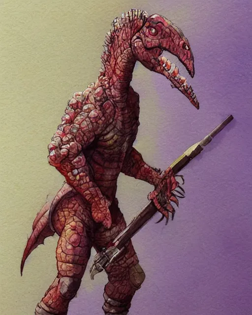 Image similar to a watercolor painting full body character portrait of a humanoid dinosaur / animal soldier / martial artist in the style of moebius in the style of leonard boyarsky trending on artstation deviantart pinterest furaffinity detailed photorealistic highlights and shadow hd 8 k post - processing high resolution