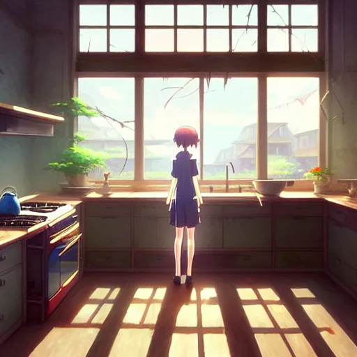 Prompt: interior background art, bright window lit kitchen, morning, food on the stove, wooden floors, houseplants, cottage decor, gapmoe yandere grimdark, trending on pixiv fanbox, painted by greg rutkowski makoto shinkai takashi takeuchi studio ghibli, akihiko yoshida