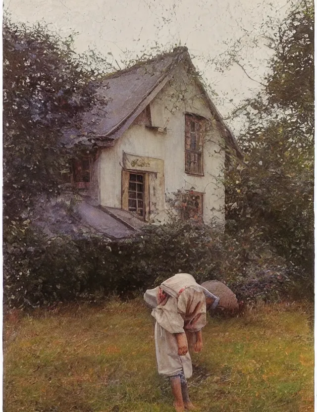 Image similar to peasant boy praying in country house in front of an icon, cottage core, cinematic focus, polaroid photo bleached vintage pastel colors high - key lighting, soft lights, foggy, by steve hanks, by lisa yuskavage, by serov valentin, by tarkovsky, detailed, oil on canvas