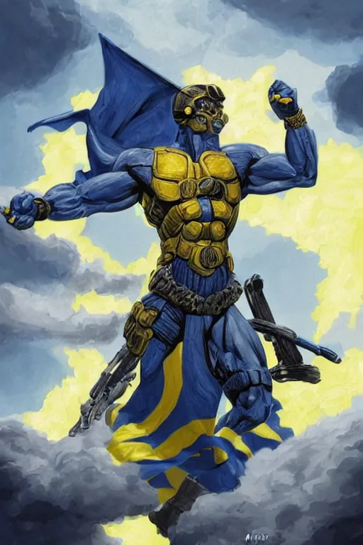 Prompt: a photo of a super soldier with a Ukrainian blue and yellow stripes flag standing in the beam of light from the clouds on a pile of skulls as a winner, masculine figure, D&D, fantasy, intricate, elegant, highly detailed, digital painting, artstation, concept art, matte, sharp focus, symmetrical, illustration, art by Artgerm and Greg Rutkowski and Alphonse Mucha