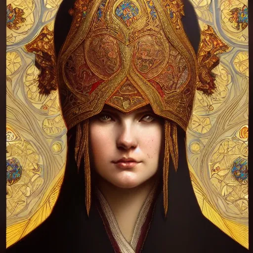 Prompt: a portrait of a putin, upper half portrait, decorated with russian motifs, traditional russia, intricate, elegant, highly detailed, symmetry, headpiece, digital painting, artstation concept art smooth sharp focus, illustration, art by artgerm and greg rutkowski alphonse mucha 8 k