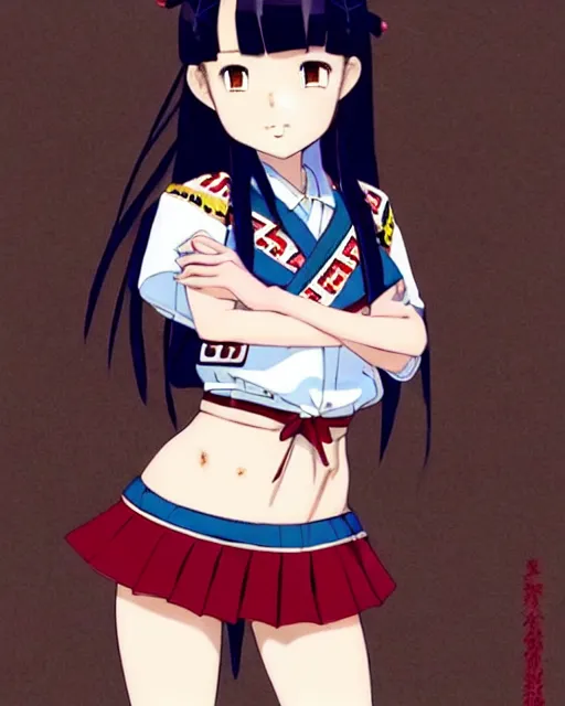 Image similar to a beautiful! boyish! amber midthunder alluring gravure! model, wearing japanese school girl outfit with mayan pattern and native style, aztec street fashion, gapmoe yandere grimdark, trending on pixiv fanbox, painted by greg rutkowski makoto shinkai takashi takeuchi studio ghibli, akihiko yoshida