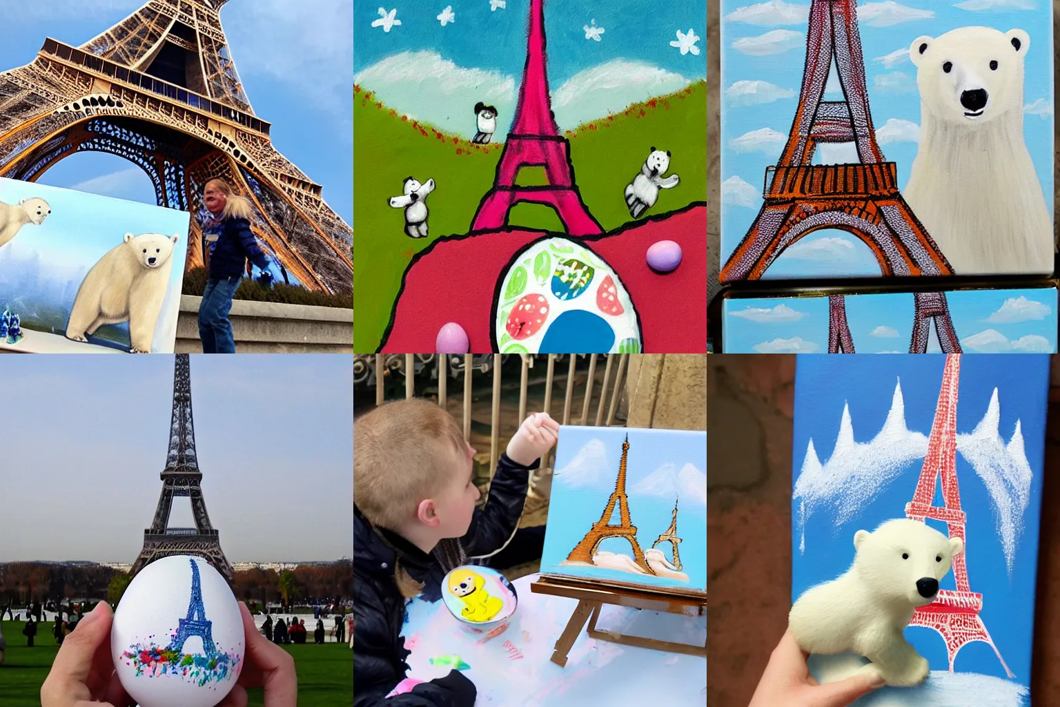 Prompt: A polar bear painting easter eggs in front of the Eiffel Tower