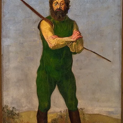 Prompt: portrait of a dirty peasant, angry, green body suit, medieval, classic painting