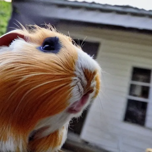 Image similar to a Guinea pig taking a selfie in front of a burning house