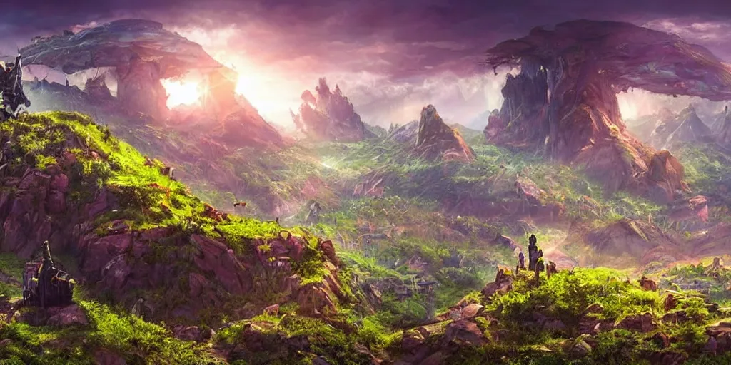 Image similar to a cinematic composition : where a myserious character floats atop a mountain radiating his transformative energy, the energy shifts the cybernetic cyberpunk civilization in the valley to a lush green overgrowing solarpunk civilization