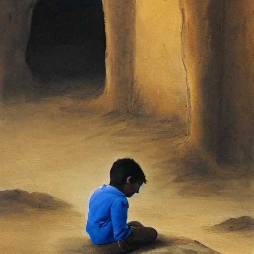 Prompt: a kid hidding under a chair from a lion in a post apolyptical desert, dramatic painting