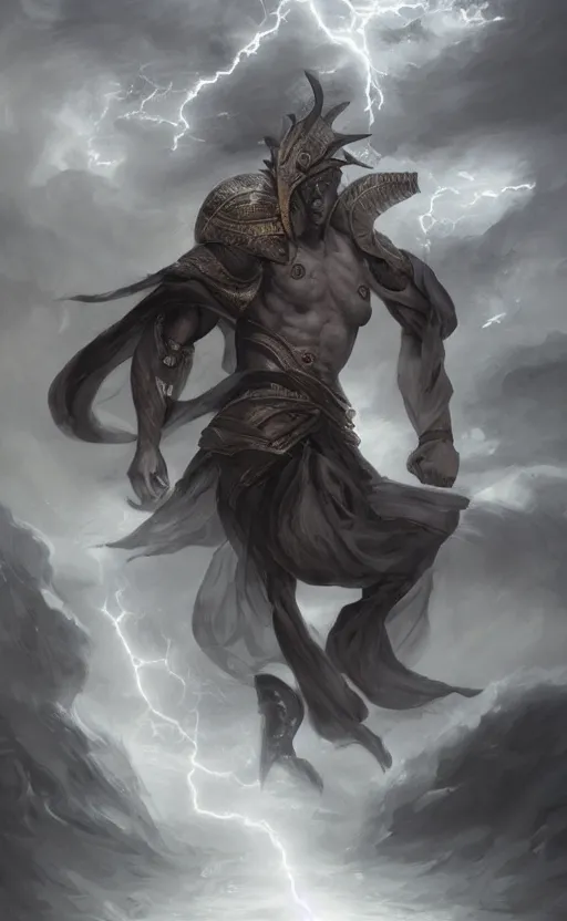 Prompt: grey skin, storm egyptian god, king, male, black stormy clouds, maelstrom, thunder, lightnings, full body shot, highly detailed, digital painting, artstation, concept art, sharp focus, illustration, orientalism, art by aleksi briclot and mohrbacher and raphael lacoste and magali villeneuve