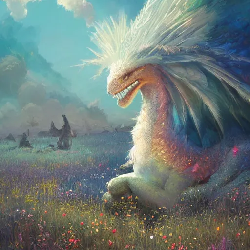 Prompt: beautiful digital fantasy illustration of a closeup adorable giant fluffy feathered sparkling pearlescent pastel dragon! sitting alone in a flower meadow, concept art by greg rutkowski, anato finnstark, and rebecca guay, highly detailed, soft lighting, rendered in octane